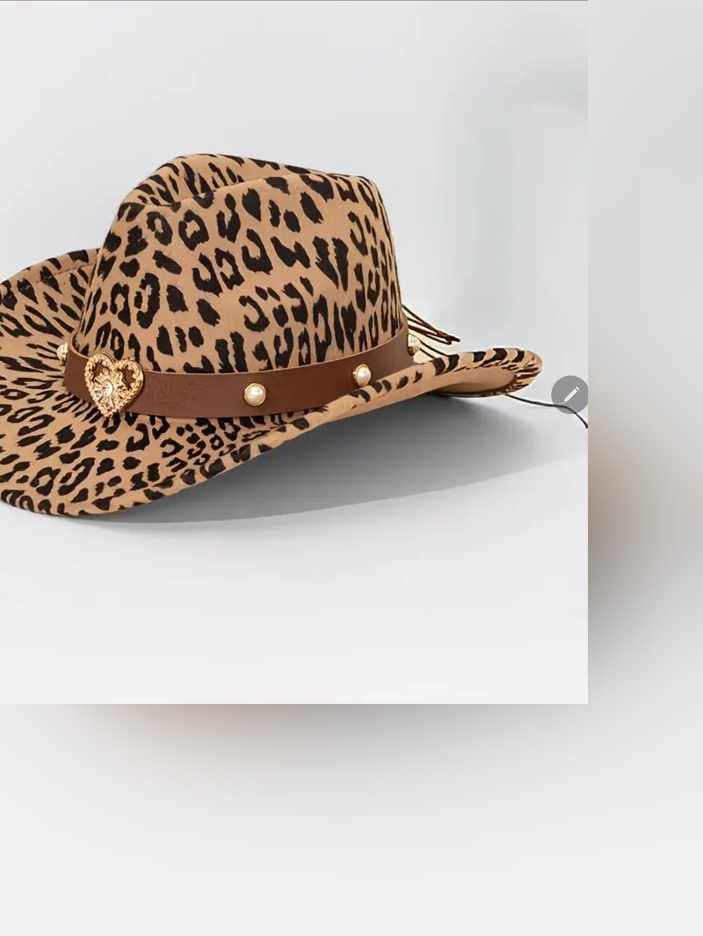 Leopard Print Cowboy Hat with Brown Studded Band and Heart Accent - Picture 5 of 6